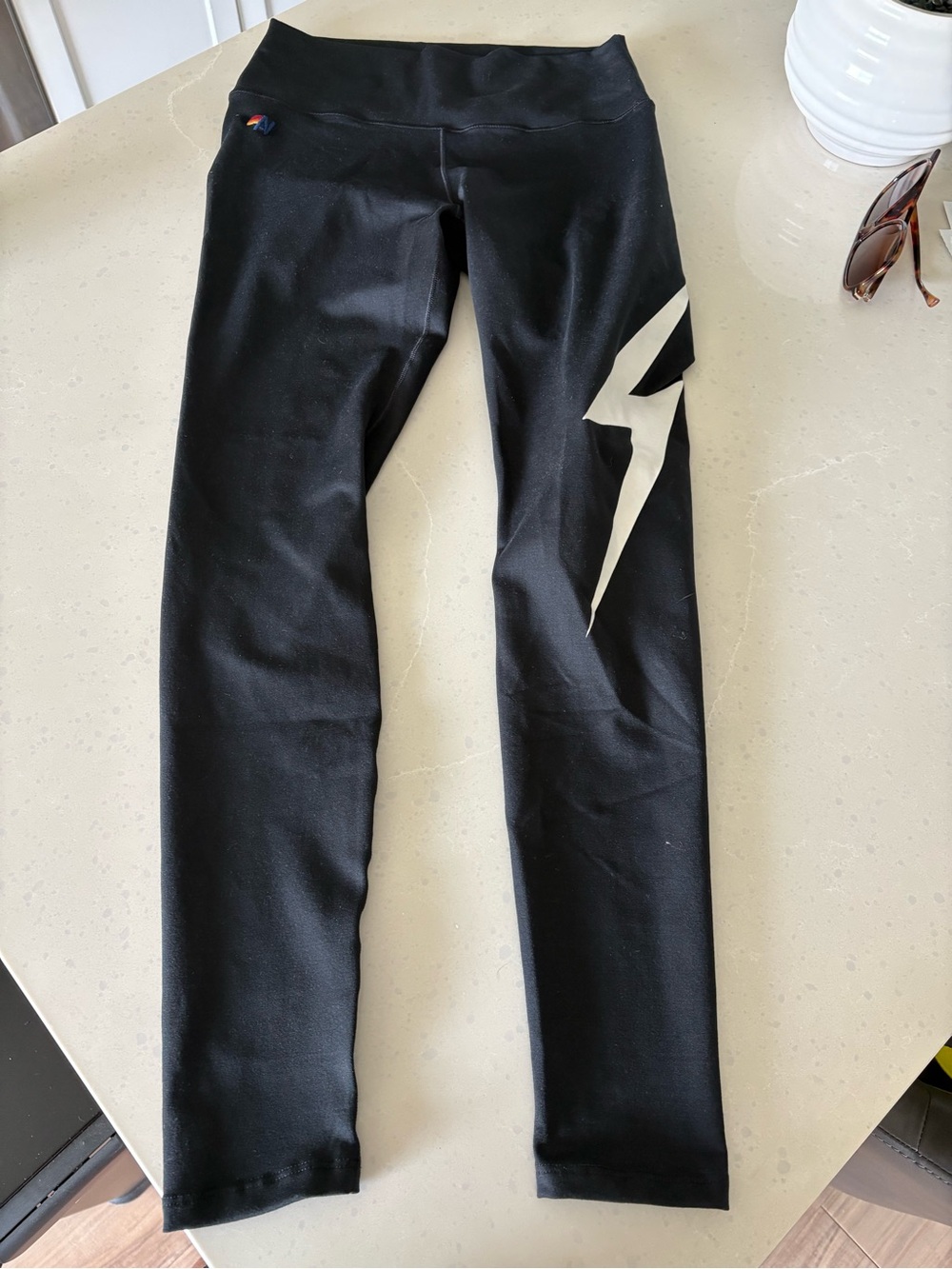 Aviator Nation Medium Black Leggings with White Lightning Graphic *Excellent